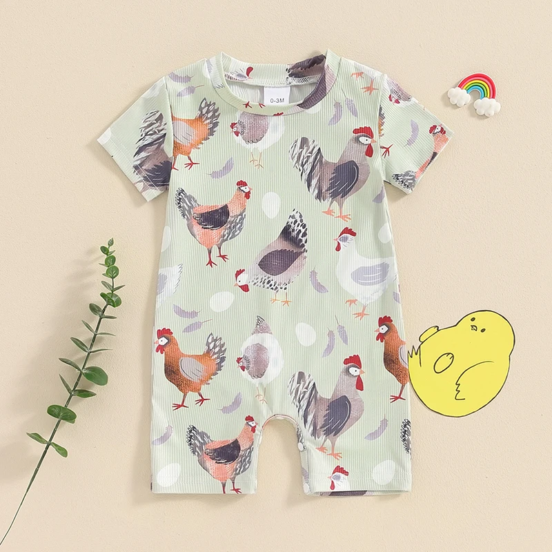 2024-03-04 Lioraitiin 0-12M Newborn Baby Boy Girls Farm Clothes Western Farm Animals Chicken Print Romper Jumpsuit