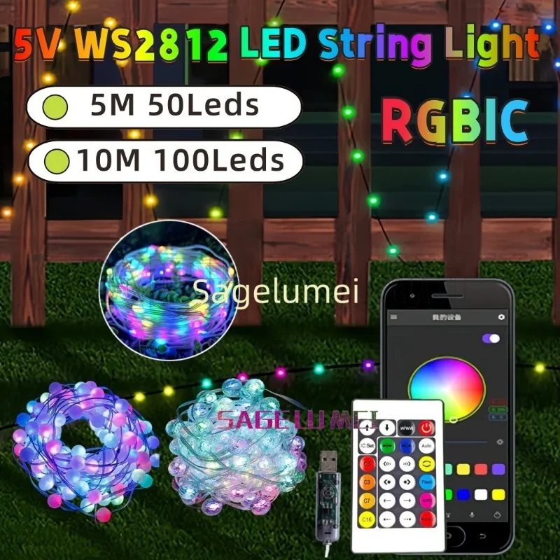 ไฟ LED สายยาวแบบ USB 5V RGBIC Ws2812 พิกเซลไลท์ สำหรับตกแต่งงานคริสต์มาส งานแต่งงาน งานปาร์ตี้ ไฟประดับกันน้ำ ควบคุมผ่านแอพและรีโมท 5 เมตร/10 เมตร