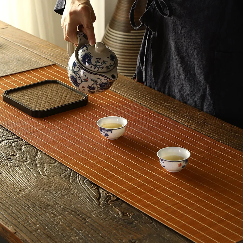 Fabric Edged Bamboo Silk Tea Mat Table Runner Tea Tablecloth Bamboo Zen Style Chinese Tea Tray Mat