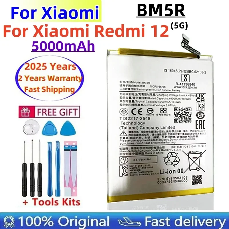 

BM5R 5000 мАч, 100% оригинальный аккумулятор для Xiaomi Redmi 12, сменные аккумуляторы для мобильных телефонов + бесплатные инструменты
