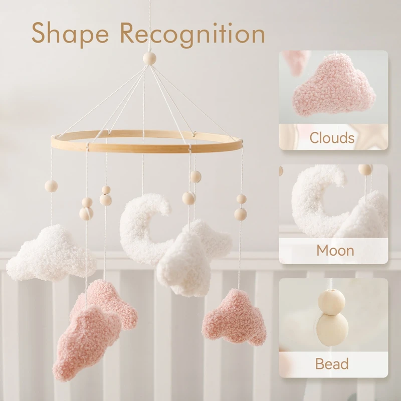 Baby Lambhair Mobile Hanging Toy Wooden Bed Bell Baby Crib Mobile Cartoon Cloud and Moon Pendant Toy Holder Arm Bracket Kid Gift