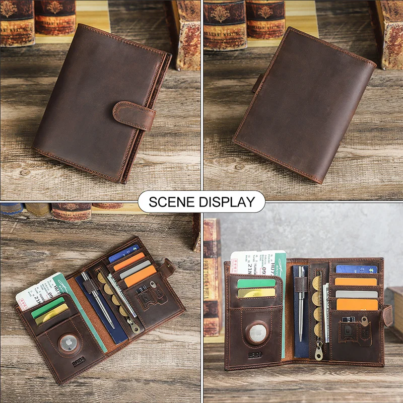 Dompet Paspor Kulit Asli CONTACT'S untuk Pria, Slot AirTag, Tempat Pena, Tempat Kartu RFID, Dompet Perjalanan dan Paspor untuk Wanita