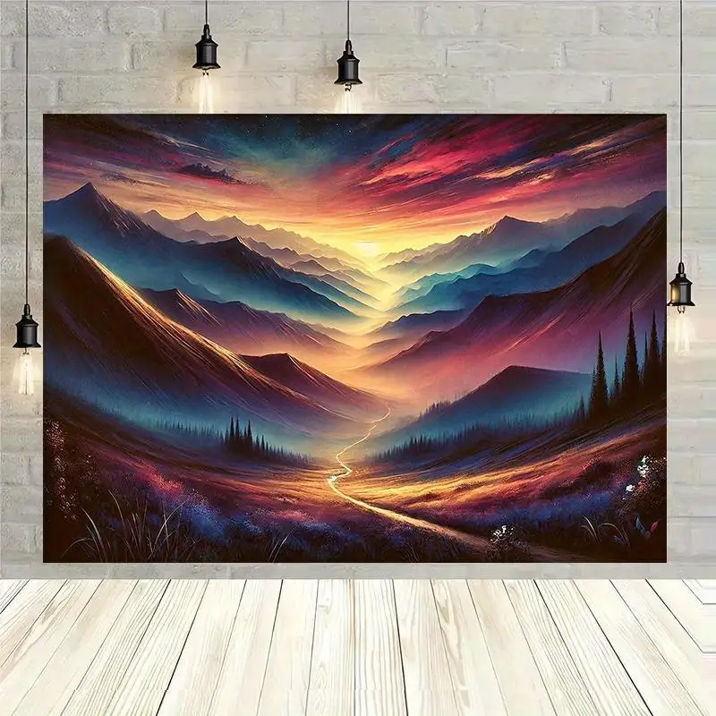 1pc Large 8x6 Feet Mountains Landscape Wall Tapestry - Vibrant Sunrise/Sunset Sky with Mountains, Purple Pink Orange Yellow Gree