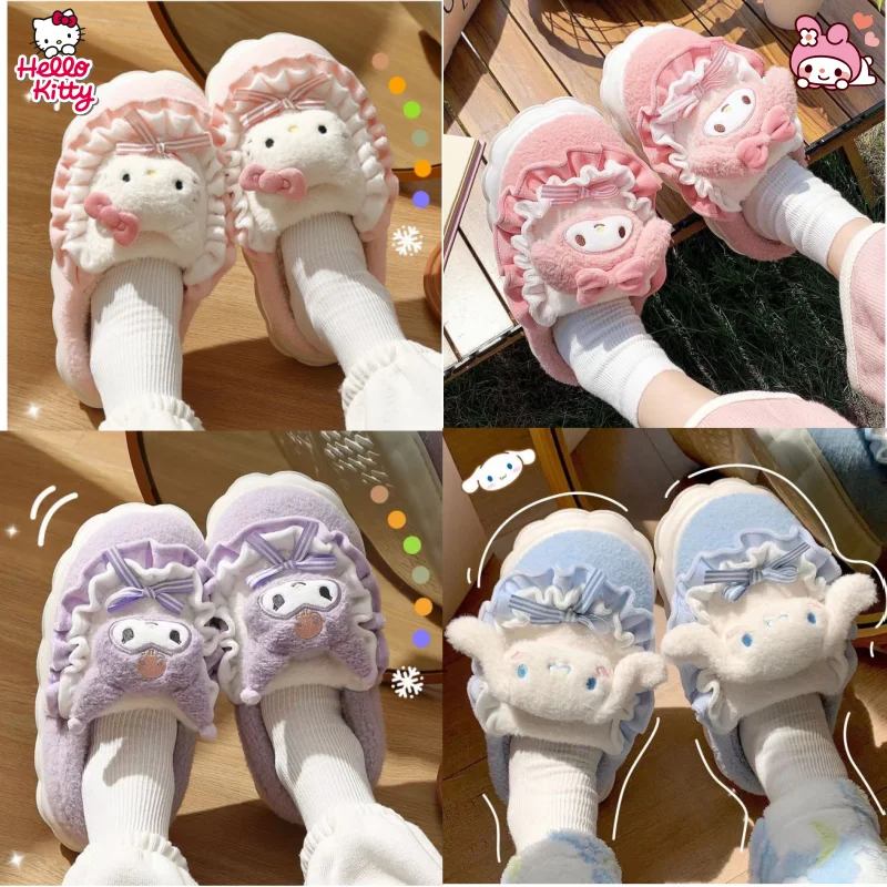 Sanrio Hello Kitty Kuromi cannelle pantoufles en coton dessin animé mignon hiver intérieur maison pantoufles semelle épaisse garder au chaud chaussures en coton