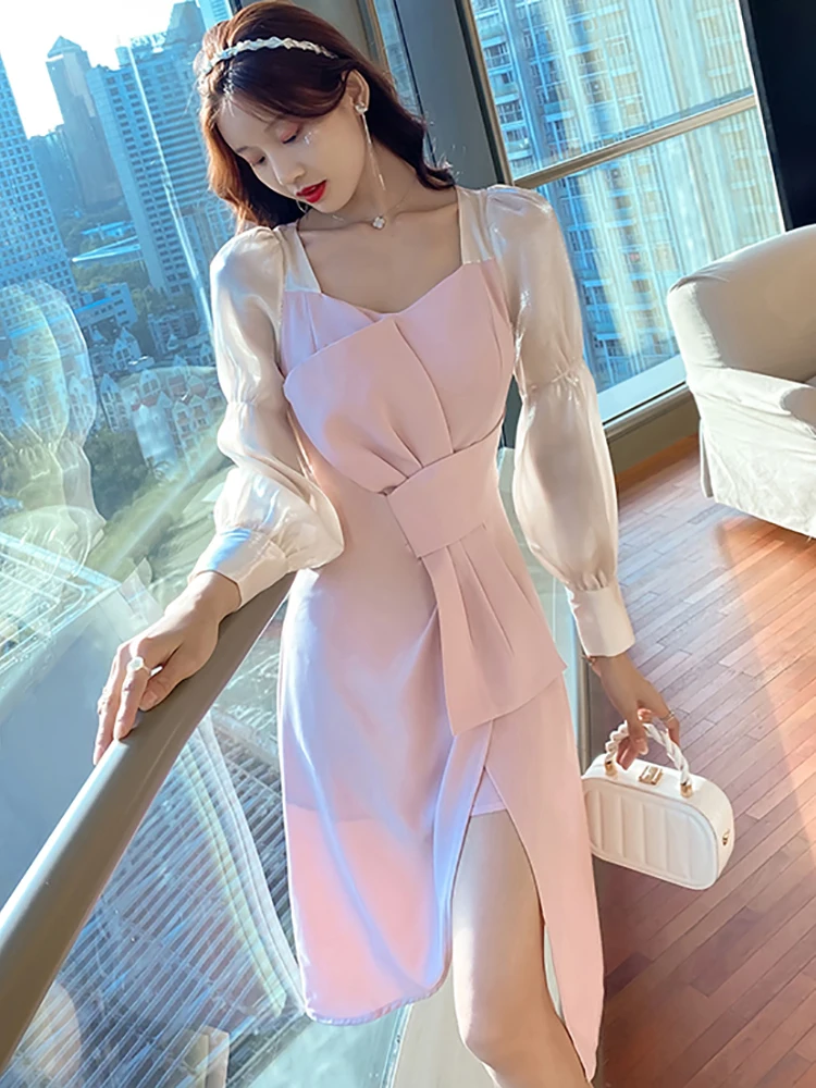 Abito longuette con fasciatura con fiocco chic patchwork rosa da donna Autunno Inverno Elegante abito casual a maniche lunghe 2025 Abito da festa aderente coreano