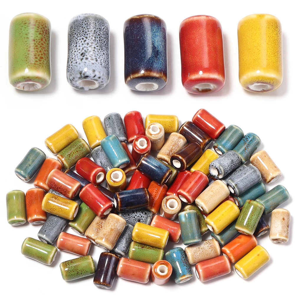10Pcs Colored Floral Glaze Ceramic Beads Cylinder Tube Shape Loose Spacer Porcelain Bead For DIY Craft Bracelet Necklace Jewelry