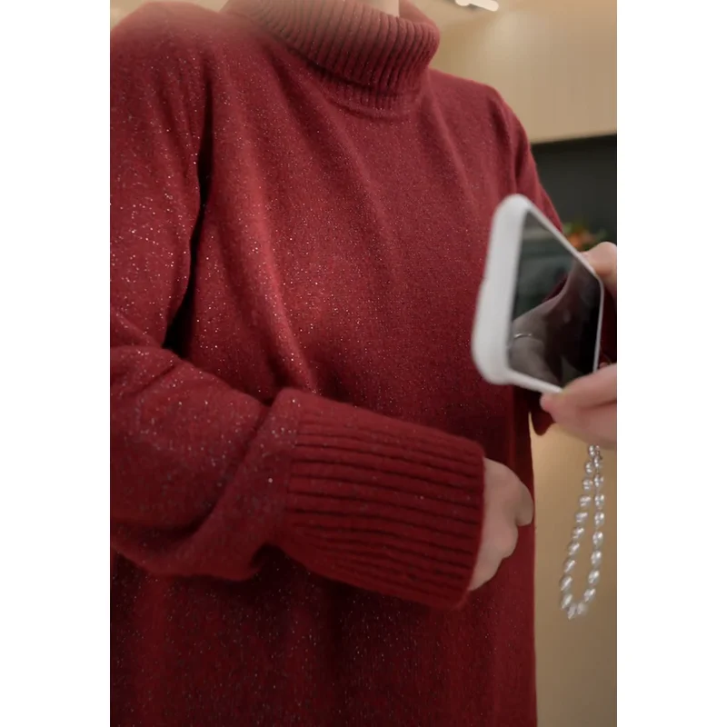 

Pang Jia Jia женский блестящий вязаный свитер с высоким воротником, новый зимний зимний свитер, универсальный, теплый, модный, простой