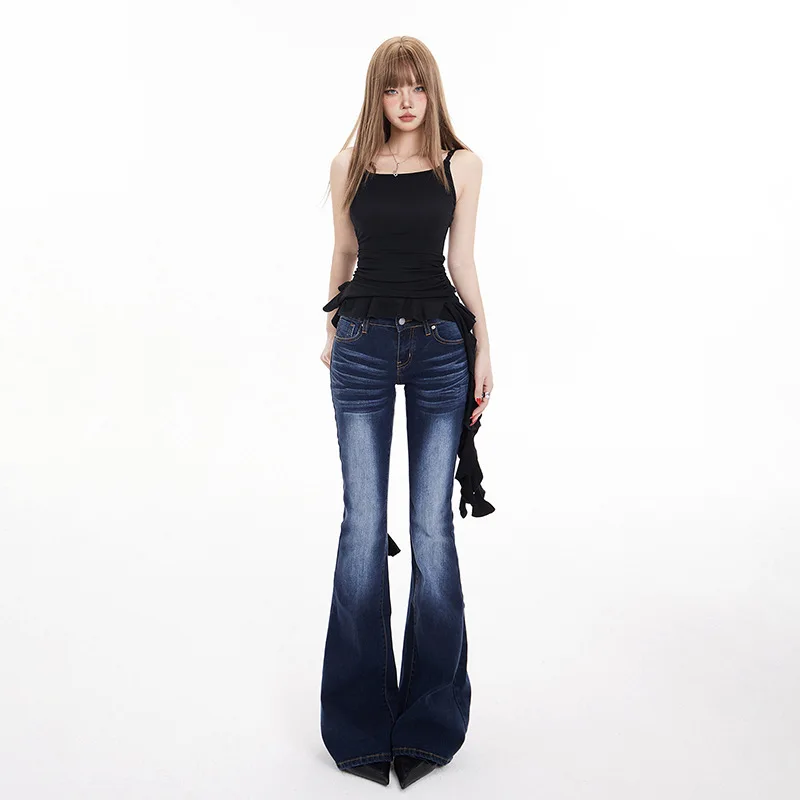 

Retro Washed Slim Low Waist Jeans For Women Spring Stretch Slightly Flared Denim