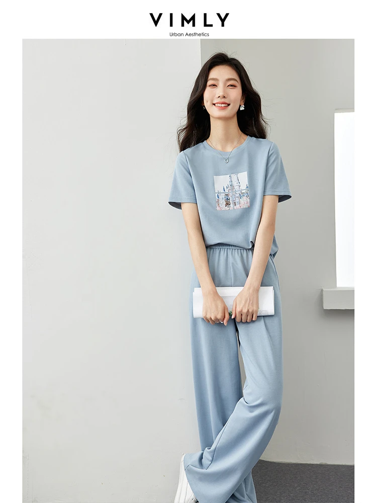 VIMLY Women's Casual Short Sleeve Tracksuit Summer New Simple O-neck Printed T-Shirt+Wide-leg Pants Set Sportswear Two-Piece Set