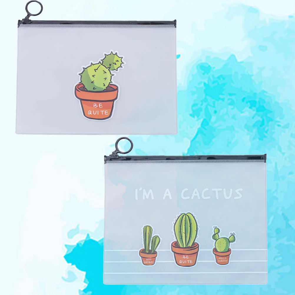 

2 Pcs Cactus Pattern PVC File Bags Reusable Waterproof Oilproof Zipper Closure Document ganizer Portable for Term