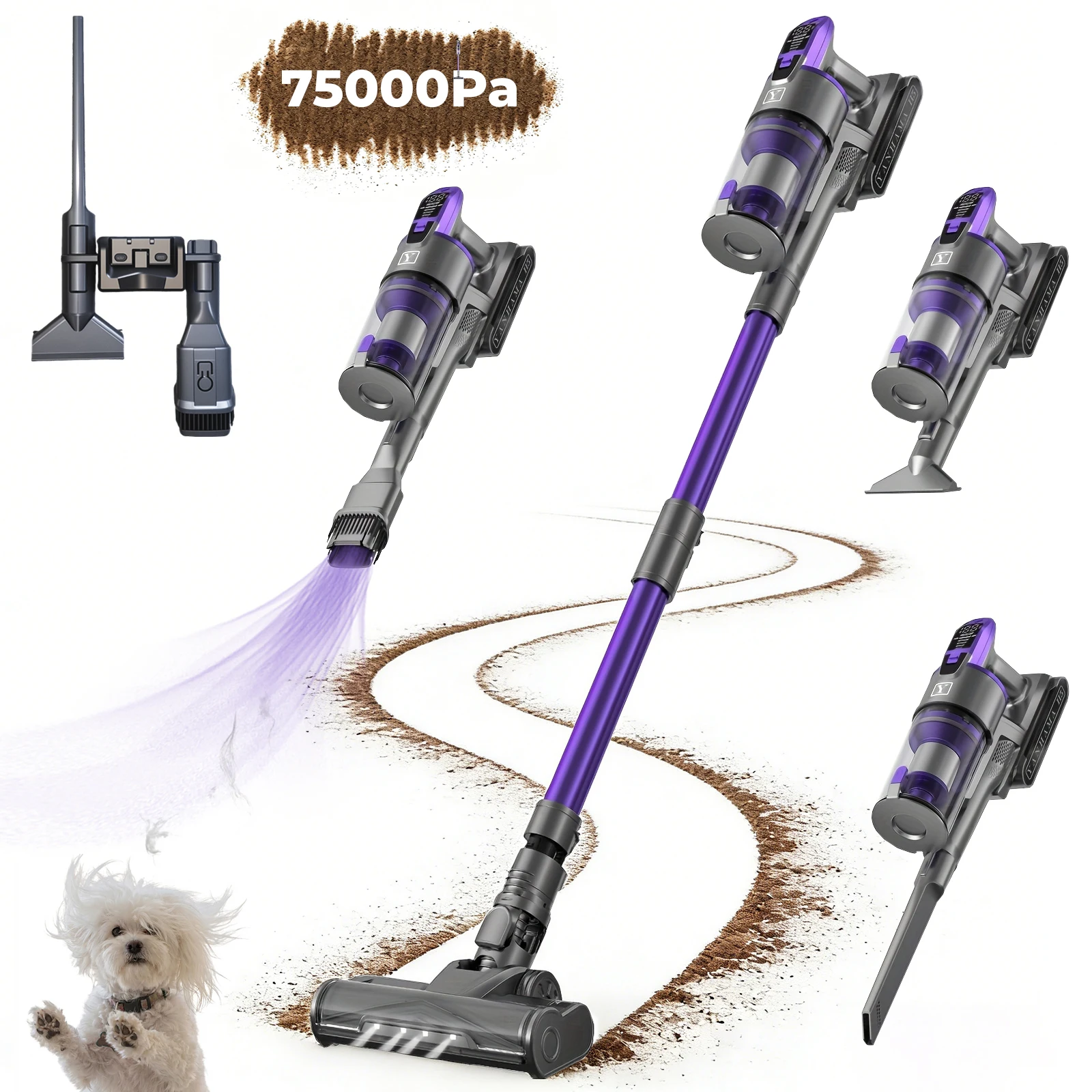 Yanhama Akku-Staubsauger – 75 kPa/650 W/70 Minuten Stabstaubsauger mit Ladestation, kabelloser Anti-Tangle-Staubsauger für Haustiere