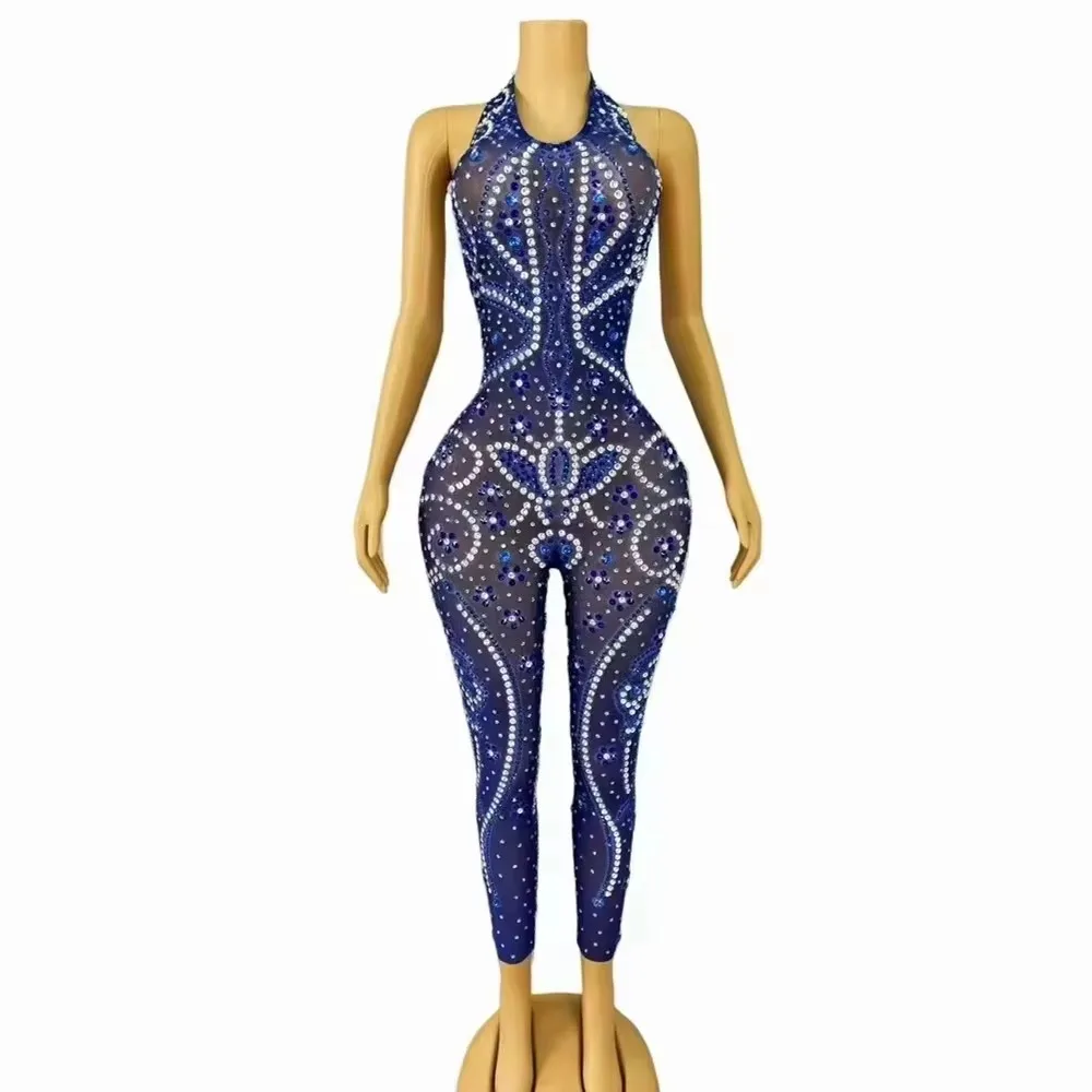 

Jumpsuit Luxury Blue Rhinestones Mesh Halter Backless Party Nightclub Sexy Transparent Crystal Rompers Women Stage Dance Costume