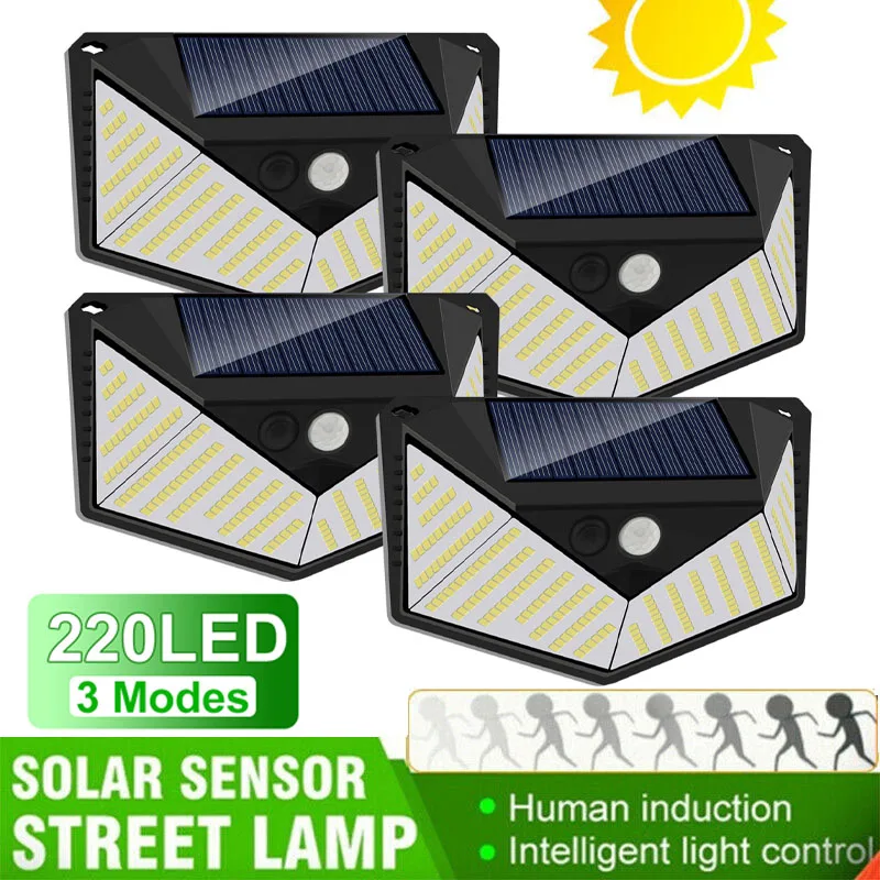 Solar Street Wall Lamp Outdoor Waterproof 220 LED Reflector 3 Lighting Mode Motion Sensor Lights For Garden Patio Garage Decor