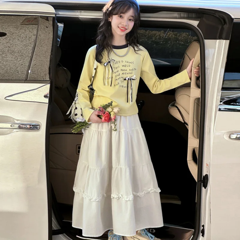 

Girl's Miniskirt Suit2026Spring New Korean Style Bowknot Top and Cake Skirt Two-Piece Set for Girls in Spring and Autumn
