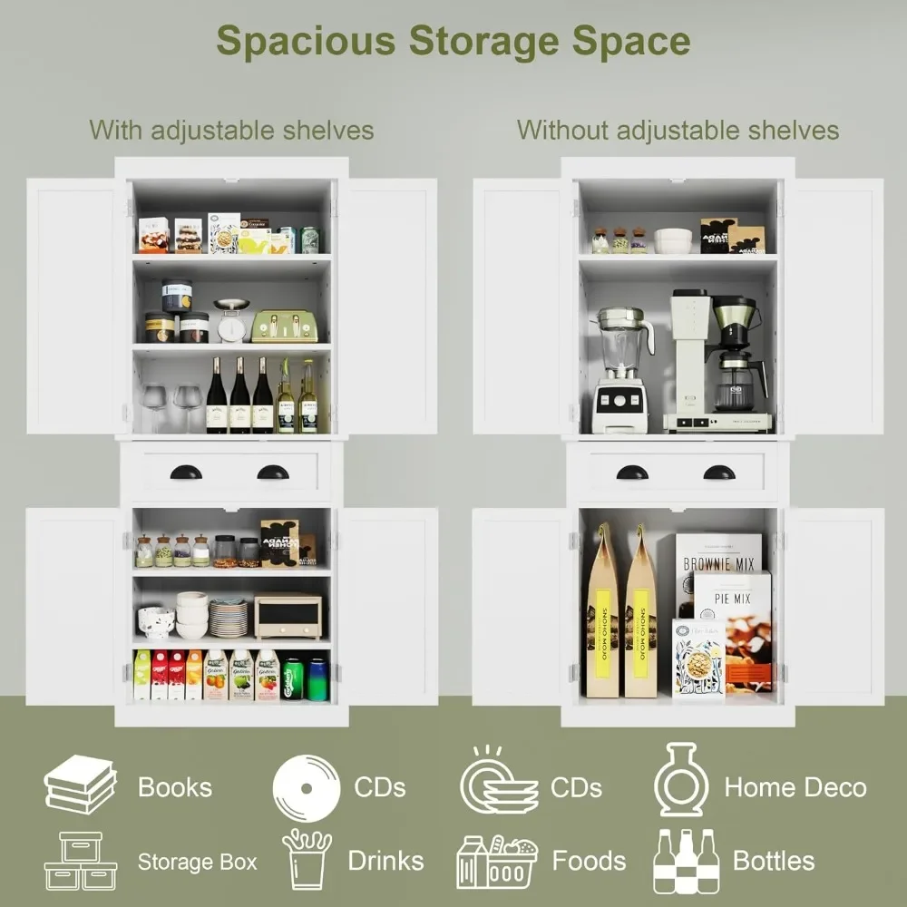 72" Kitchen Pantry Cabinet, Tall Pantry Storage Cabinet with Drawer and 4 Adjustable Shelves, Freestanding Pantry Cupboard