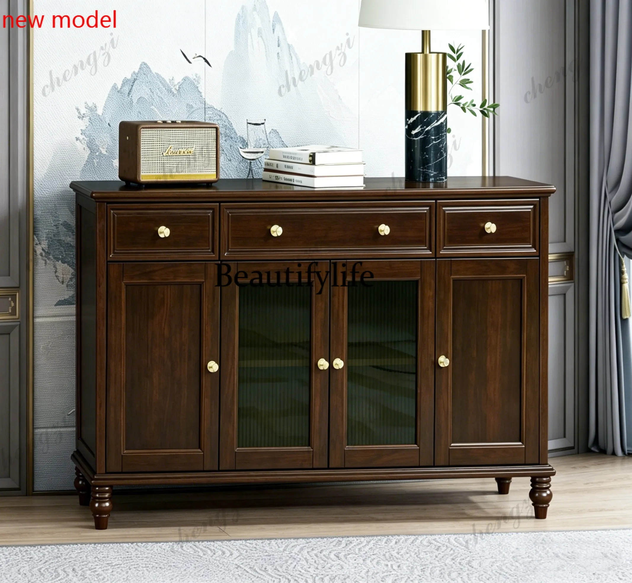 DD182  New Chinese-style solid wood dining side cabinet, household living room, dining room, wall storage, home entrance cabinet