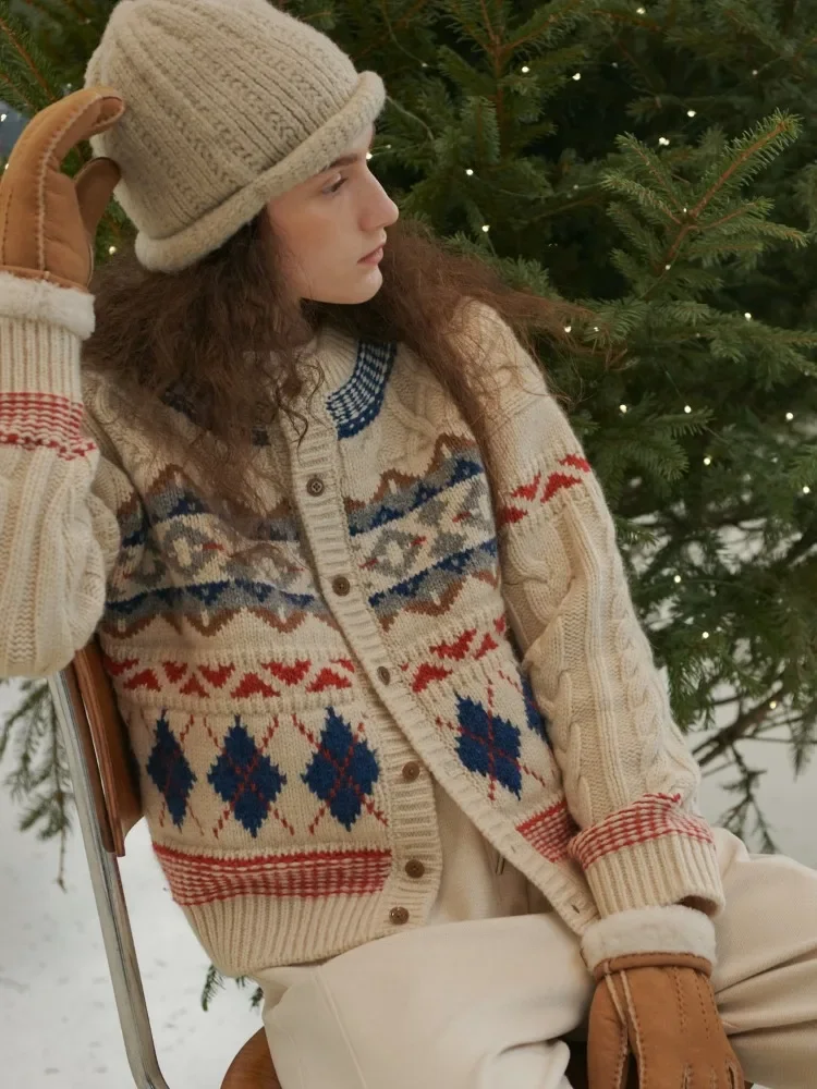 Vintage Christmas Sweater Thick Knitted Twisted Floral Contrast Color Cardigan Diamond Check Loose Crewneck Y2k Tops