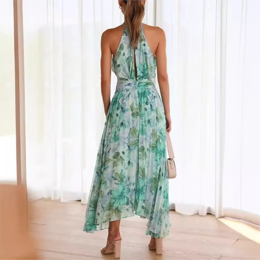 CPSYMYM แฟชั่นพิมพ์ Bohemian Halter ชุดสตรีฤดูร้อนเซ็กซี่เอวสูง Elegant หญิงชุดวันหยุด Cutout Sleeveles