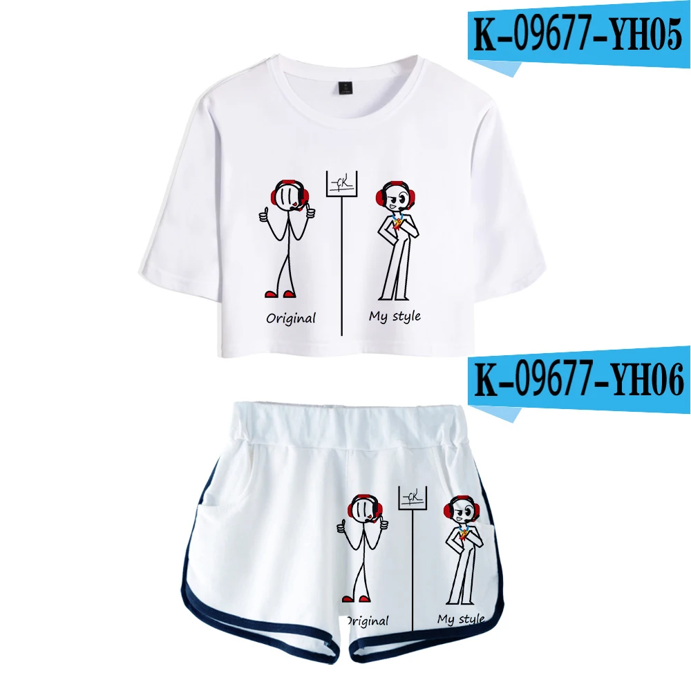 Youthful Henry Stickmin 3D Girls Dew navel Two Piece Set Henry Stickmin Sexy Short Sleeve Crop T-shirts+Shorts Tracksuit