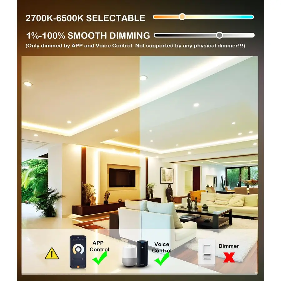 Paquet de 6 lumières encastrées LED WiFi intelligentes de 4 pouces, éclairage encastré à couleur RVBCW, Compatible avec Alexa et Google Home Assista