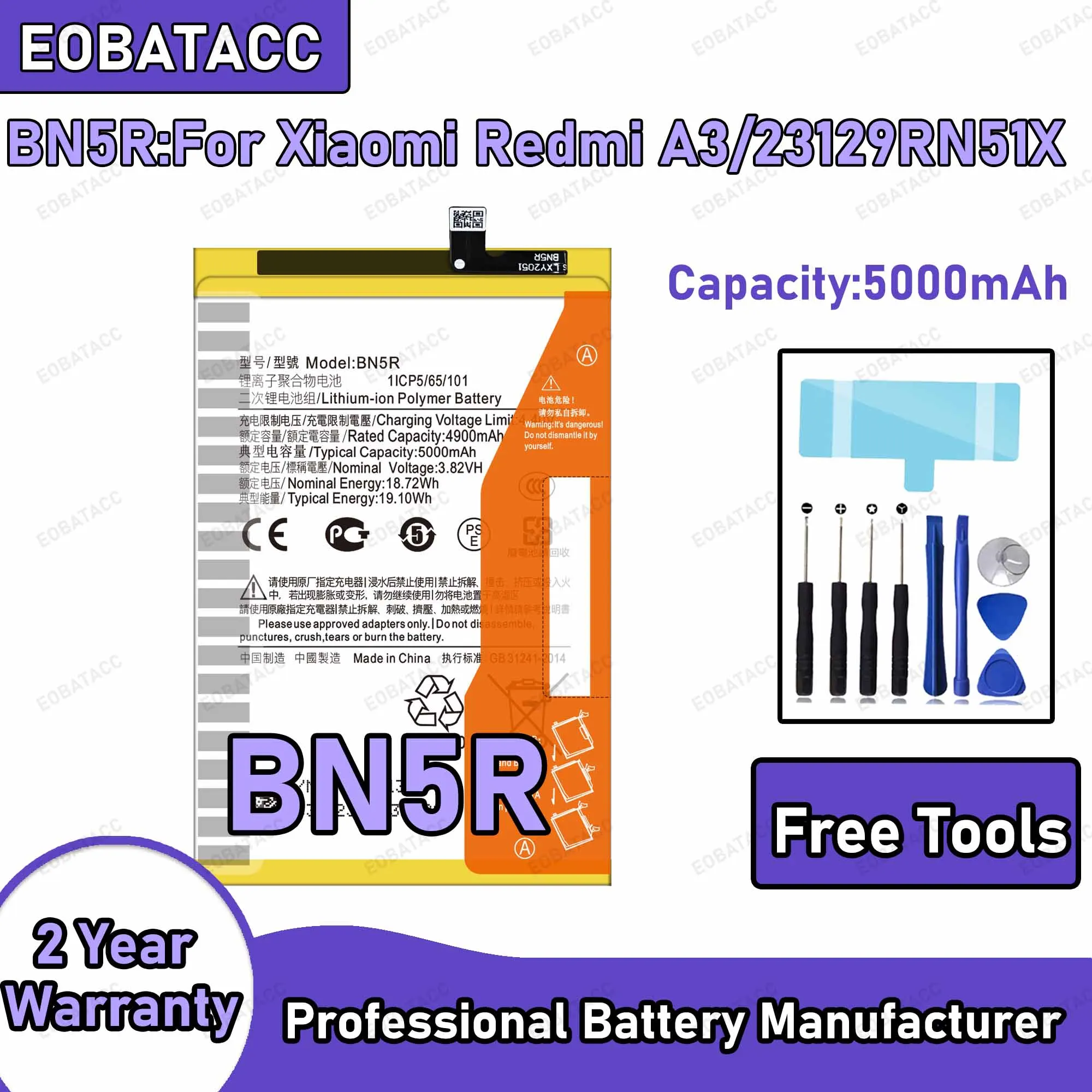 5000mAh BN5R Replacement Battery for Xiaomi Redmi A3 Repair Tools Kit