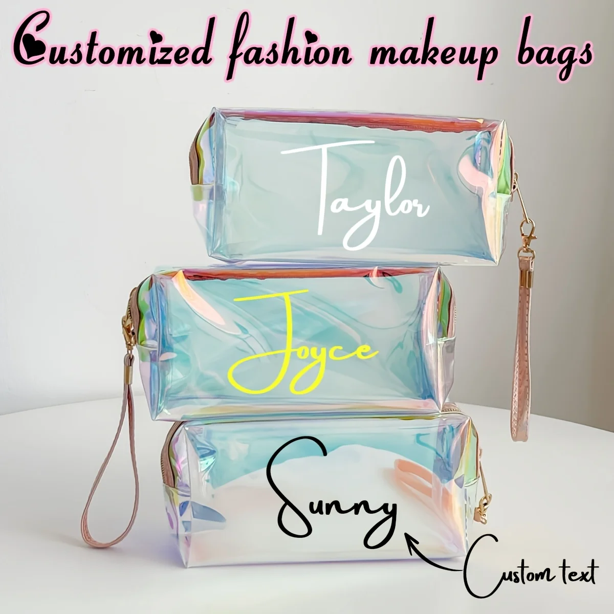 [Customizable Cosmetic Gift] Custom Iridescent Transparent Laser Makeup Bag | Personalized Large Capacity Cosmetic Organizer, Cl
