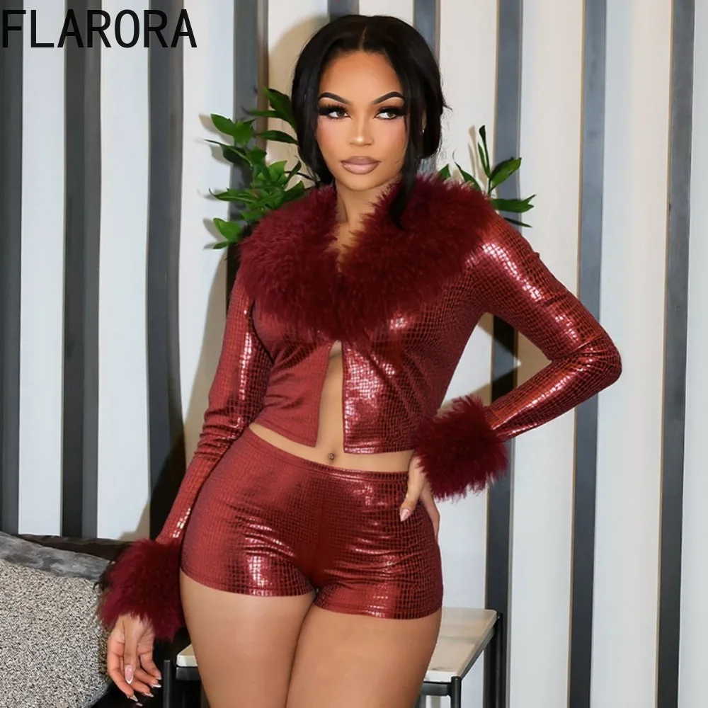 

FLARORA Shiny Fur Patchwork 2 Pcs Sets Woman V Neck Long Sleeve Slim Fit Crop Tops And Skinny Shorts Outfits Sexy Party Clubwear