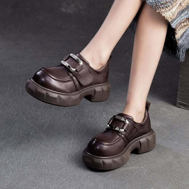 

GKTINOO 2024 Spring Women Platform Loafers Genuine Cow Leather Wide Head Wedges Shoes Literary Style Metal Thick Bottom Shoes