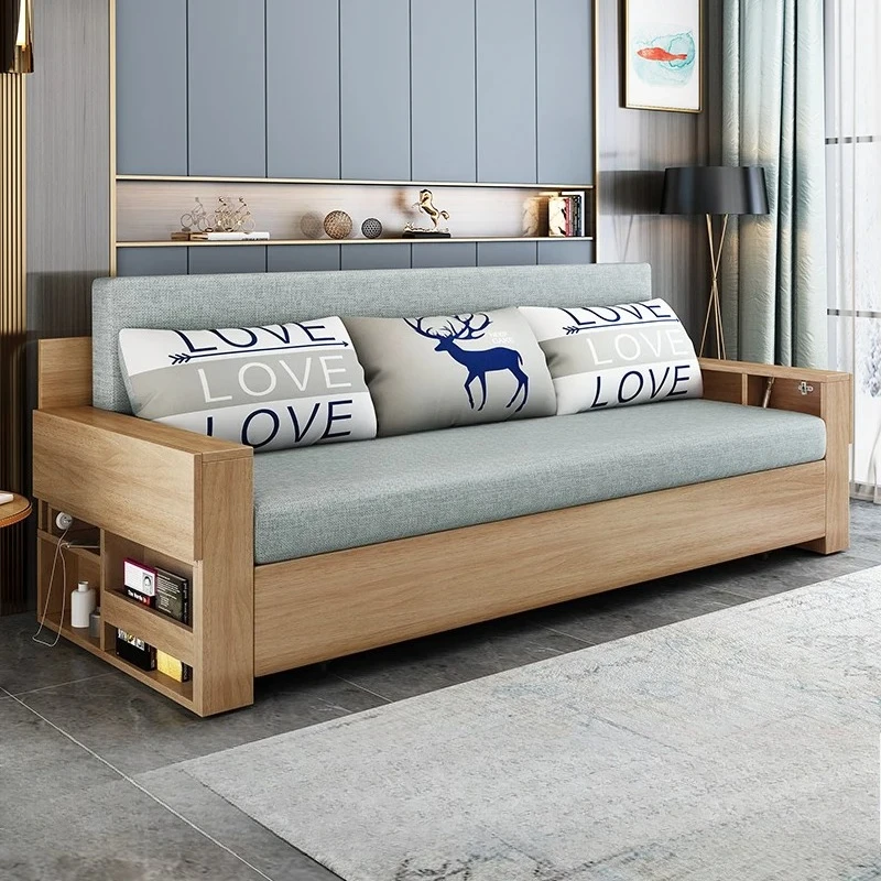 lt solid wood foldable sitting and lying simple push-pull storage living room small apartment double multi-functional sofa
