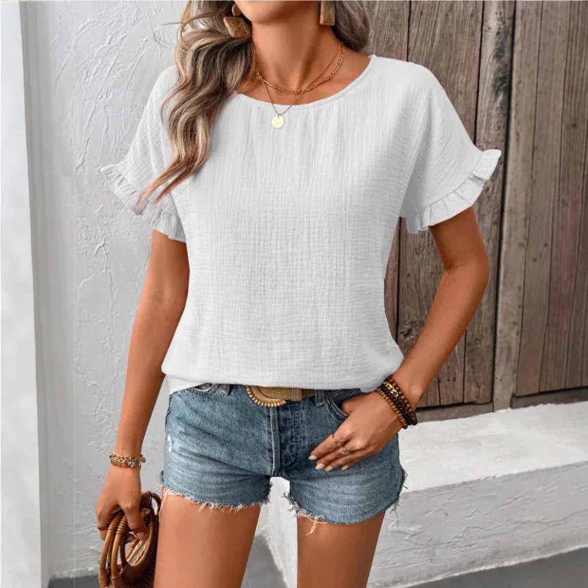 Women Short-sleeved Top Elegant Women Shirt Elegant Solid Color Women's Summer Blouses Chic Pleated Tops for Work for Wear