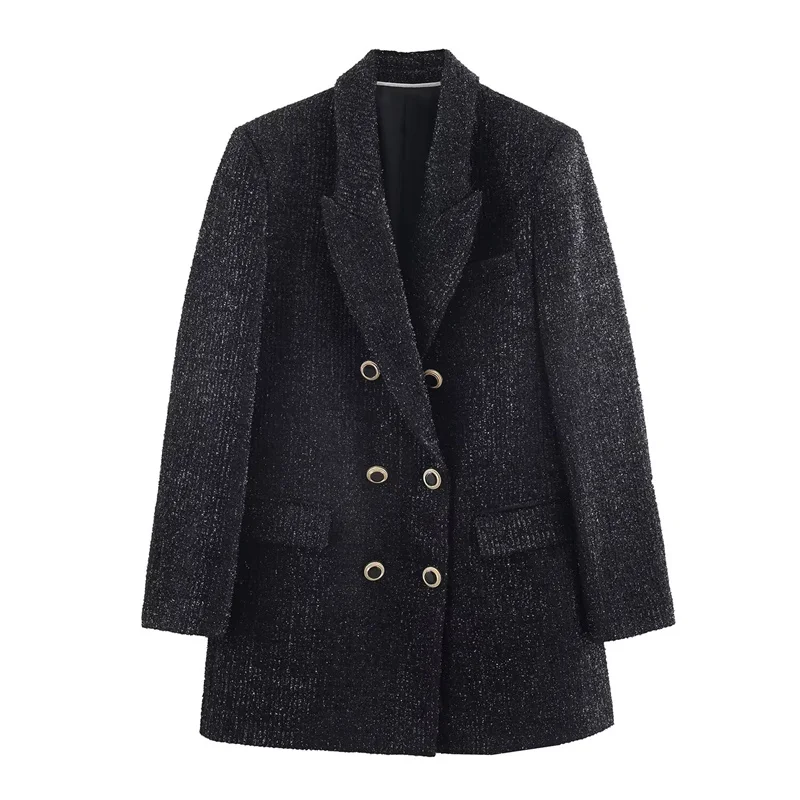 

Women's Coat 2025 Winter New Black Long-Sleeve Blazer with Metallic Thread Button Details Socialite Style