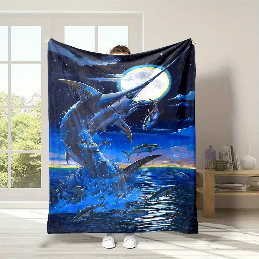Artistic Shark Deep Sea Ocean Moon Blanket Throw 150x200cm Coastal Marine Life Nautical Throw for Couch Decor