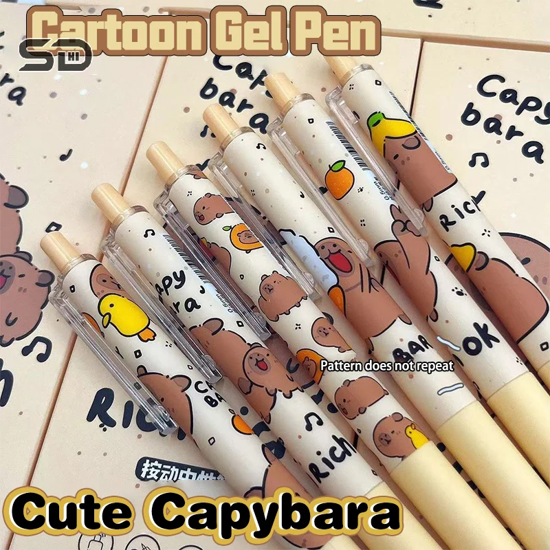 Kawaii Cartoon Capybara Gel Stylo, Mignon, vaccage Rapide, Écriture, Lisse, Pressage, Melon, Fournitures Scolaires, Esthétique, Staacquering, 6Pcs