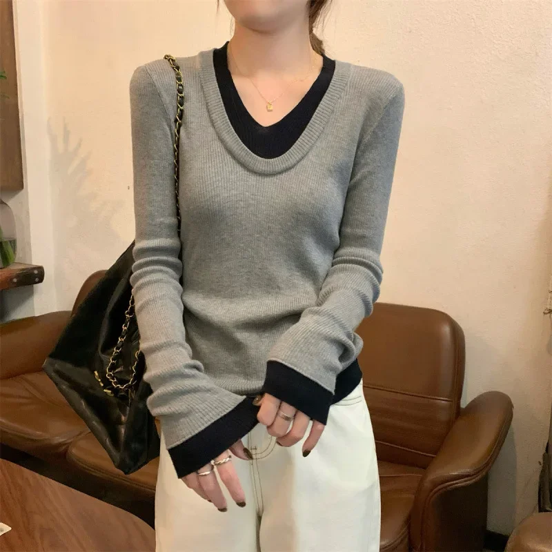 

Autumn Winter Polyester Fiber Color Block Faux Two-Piece Knit V-Neck Long Sleeve Women's Inner Wear Base Shirt Sweater Top
