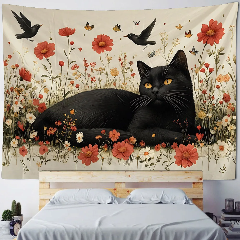 Colored cat tapestry wall hanging, witchcraft, psychedelic animal dormitory, aesthetic room decoration, dreamy background cloth