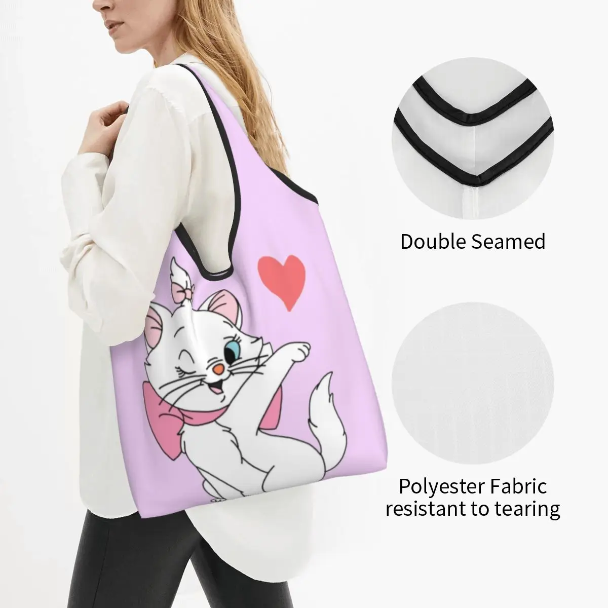 Custom Cute Printed Cute Marie Shopping Tote Bag Portable Shopper Shoulder Girly Cat Kitten Handbag