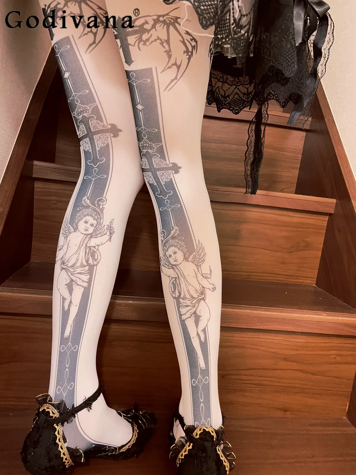 

Gothic Style Cross Print Pantyhose 2024 Summer New Fashion Girly Sweet Cute Slim-Fit Elegant Leggings Women Character Stockings