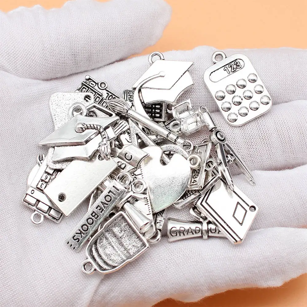 For Jewelry Making School Supplies Ruler Pen Holder Book Calculator Pen Ink School Bag Graduation Cap Charms Collection 30pcs