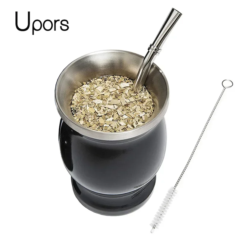 UPORS Yerba Mate Cup 304 Stainless Steel Double Wall 8oz Argentine Yerba Mate Gourd With Bombillas and Cleaning Brush