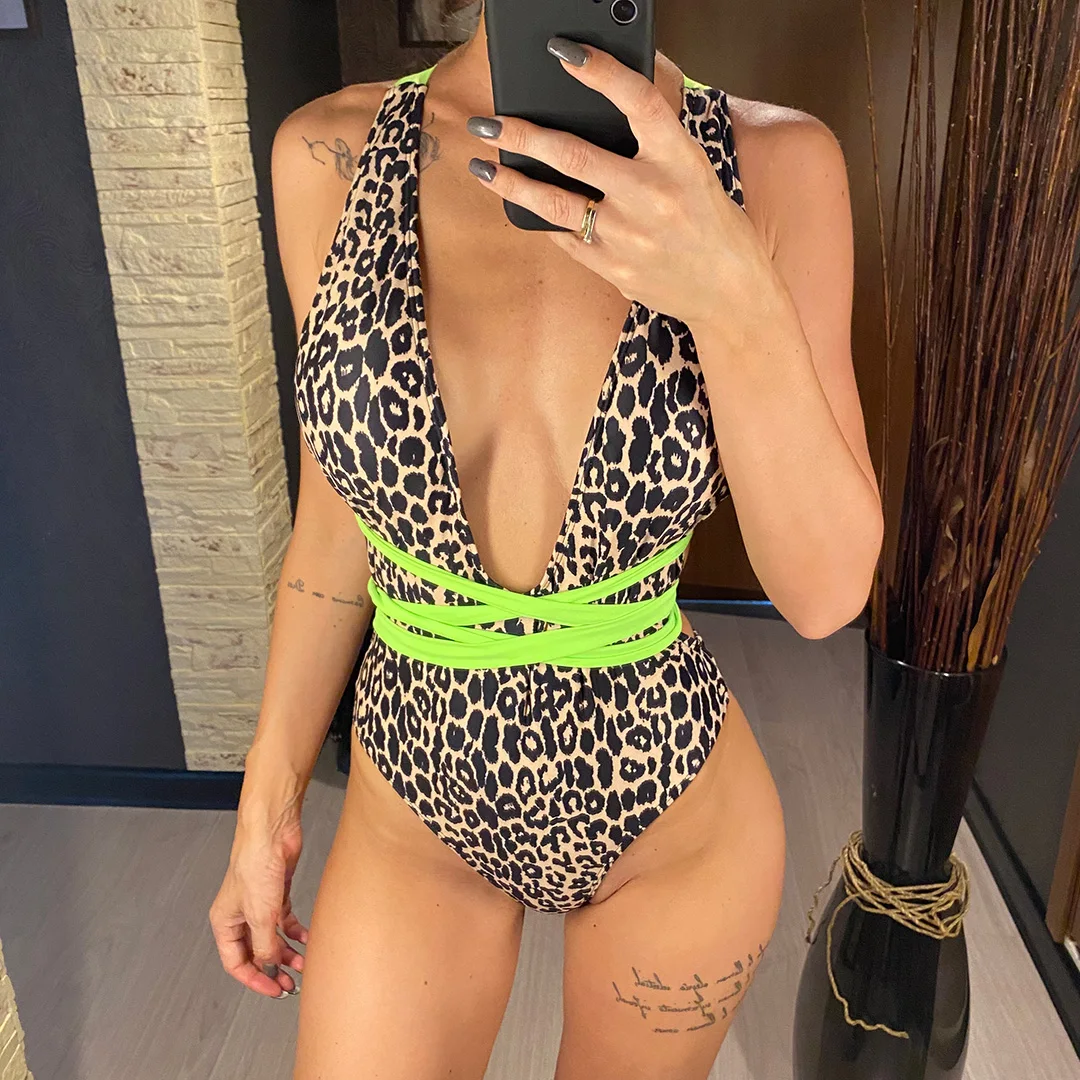 Tief ausgeschnittener, umlaufender, rückenfreier Monokini-Badeanzug mit Leopardenmuster, einteiliger Badeanzug für Damen, Damen-Badebekleidung, Bandage-Badeanzug, Badeanzug V3715 – Detail 2