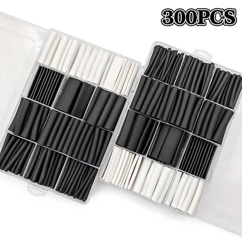 300Pcs Black White 3:1 Shrinkage Heat Shrink Tubing Polyolefin Waterproof Sleeve Motorcycle Wiring Harness Insulation Protection