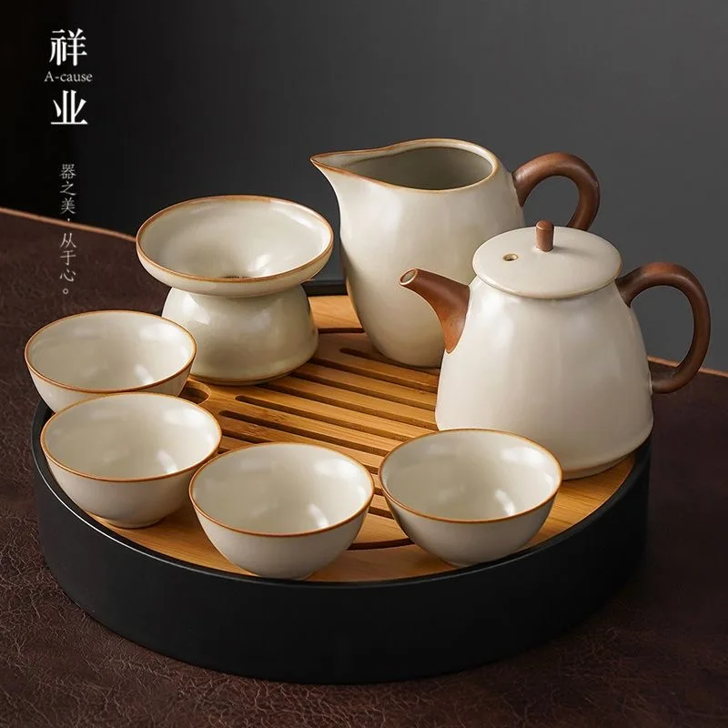 Ru Kiln Kung Fu Tea Set Home Living Room Ceramic Teapot Cover Bowl Teacup Full Office High-end Tea Infuser