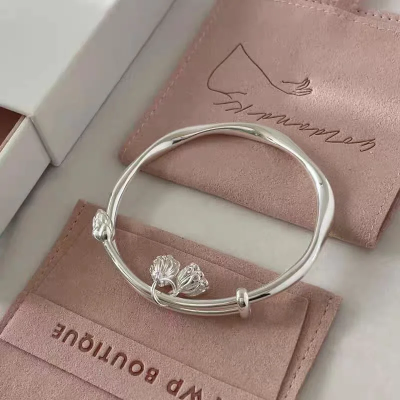 Polished Twisted Mobius S999 Sterling Silver Bracelet For Women Lotus Flower Charm Adjustable Silver Bangle 4