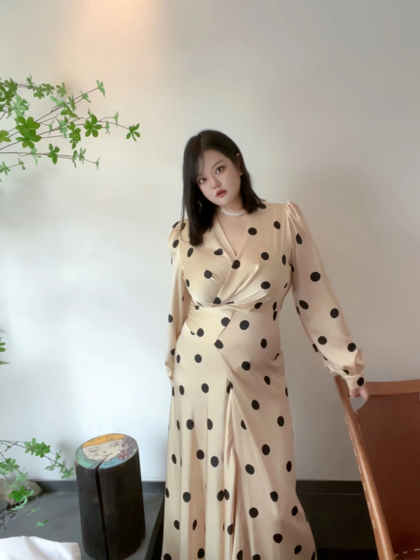 

plus Size Silk Satin Long Sve V-Ne A-Line Dr Slimming Waist Design Ele Polka Dot Dr for plus Size Women