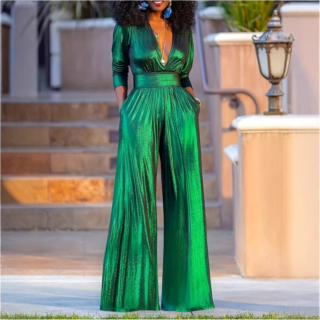 

Woman Clothes Jumpsuits Women's Autumn Sexy V-neck Long-sleeved Bronzing Jumpsuit Overalls For Women's Bodysuit Long Jumpsuits