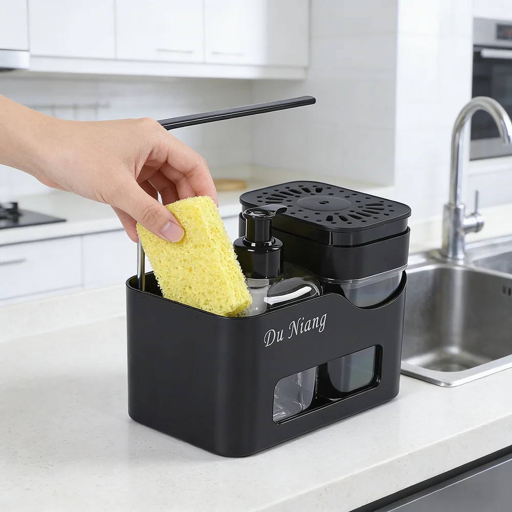 Four-in-One Hand Sanitizer Dispenser Set with Sponge Rack Press Type Double Soap Liquid Dispenser Soap Pump for Home Kitchen