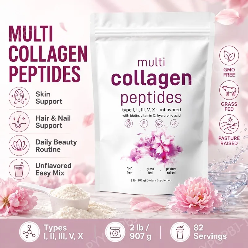 

Multi Collagen Peptides with Biotin Vitamin C Hyaluronic Acid Supports Skin Hair Nails Unflavored Types I II III V X 2Lb 907g