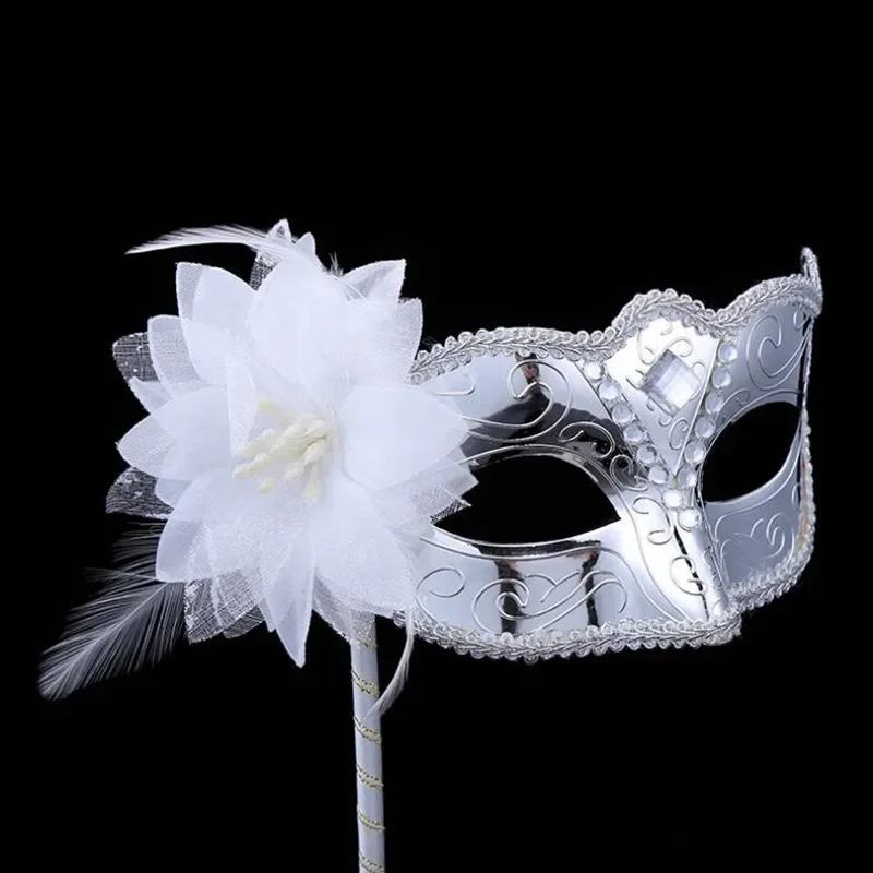 20 pezzi di fascino fiore di piume maschera portatile principessa veneziana maschere in maschera su un bastone donne ragazze festa di ballo decorazioni natalizie
