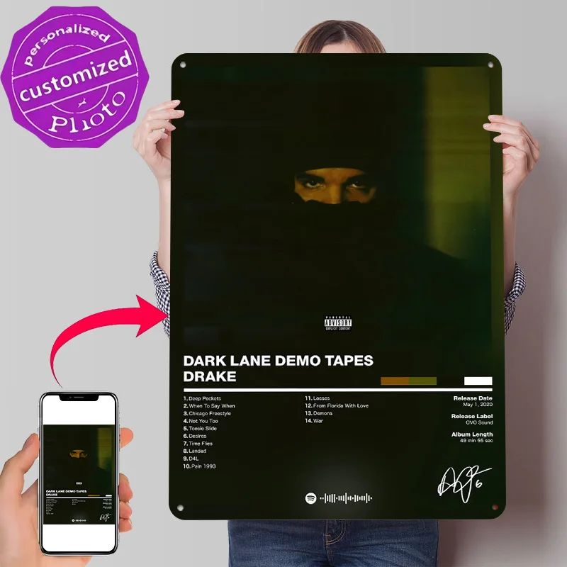 Drake - Dark Lane Demo Tapes 3D Printed Texture Poster Personalized Wall Art Retro Metal Tin Signs for Vintage Decor Room House