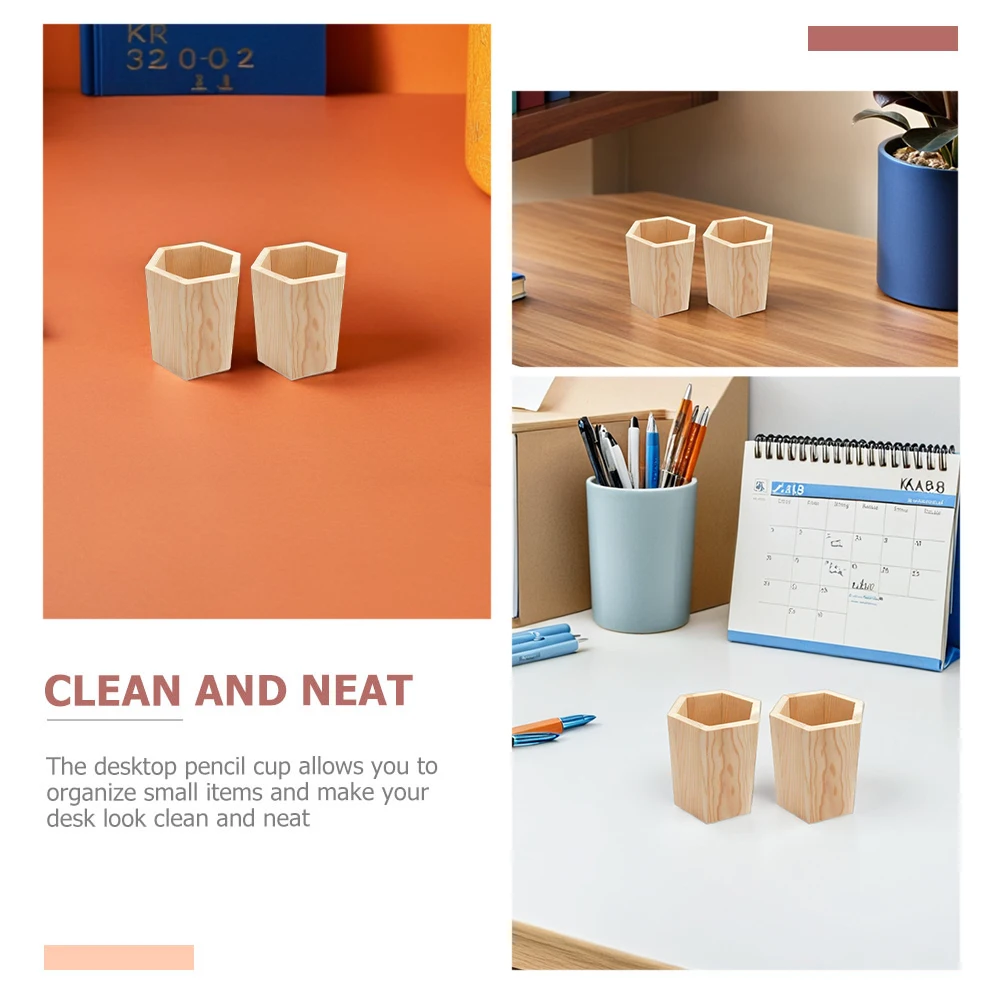 

2Pcs Pine Wood Pen Holders Simple Desktop Brush Pot Makeup Brush Storage Holder Stationery Organizer Wood Pen Holder